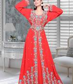 Coral Embroidered Faux Georgette Islamic Kaftan