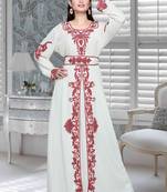 Off White Embroidered Faux Georgette Islamic Kaftan