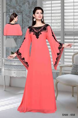 Coral Embroidered Faux Georgette Islamic Kaftan 1