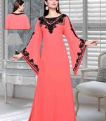 Coral Embroidered Faux Georgette Islamic Kaftan