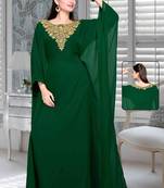 Bottle Green Embroidered Faux Georgette Farasha Kaftan