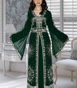 Bottle Green Embroidered Faux Georgette Islamic Kaftan