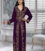 Purple Embroidered Faux Georgette Islamic Kaftan