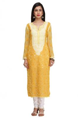 Hand Embroidered Yellow Georgette Lucknowi Chikankari Women Kurta 2
