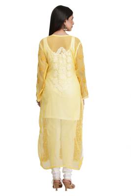 Hand Embroidered Yellow Georgette Lucknowi Chikankari Women Kurta 3