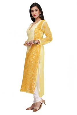 Hand Embroidered Yellow Georgette Lucknowi Chikankari Women Kurta 4