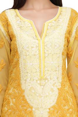 Hand Embroidered Yellow Georgette Lucknowi Chikankari Women Kurta 5