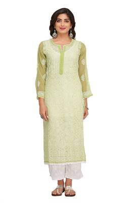 Green Embroidered Georgette Chikankari Kurti 1