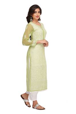 Green Embroidered Georgette Chikankari Kurti 3