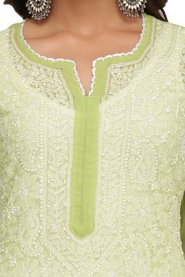 Green Embroidered Georgette Chikankari Kurti 4