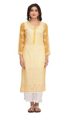 Mustard Embroidered Georgette Chikankari Kurti  1
