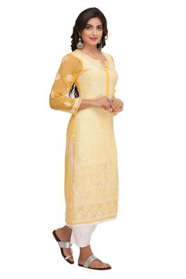 Mustard Embroidered Georgette Chikankari Kurti  3