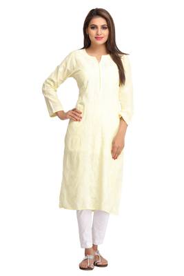 Lemon Embroidered Cotton Chikankari Kurti  1