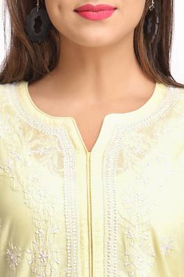 Lemon Embroidered Cotton Chikankari Kurti  4