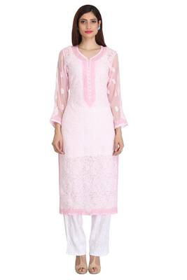 Pink Embroidered Georgette Chikankari Kurti 1