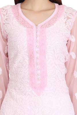 Pink Embroidered Georgette Chikankari Kurti 4