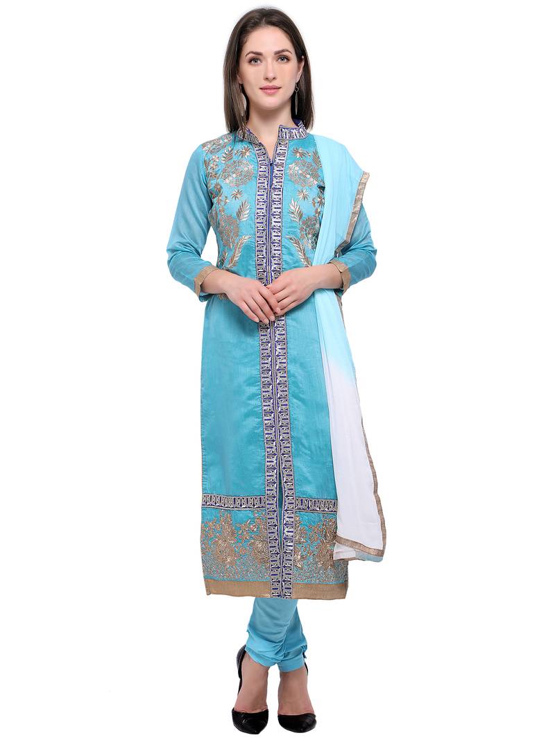 Sky blue embroidered chanderi salwar with dupatta