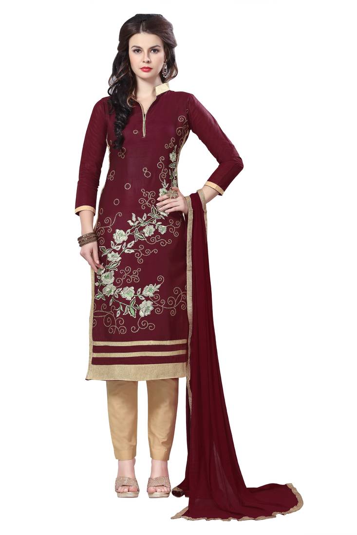 Brown embroidered cotton salwar with dupatta