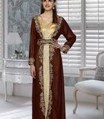Brown And Golden Satin Embroidered Faux Georgette And Satin Islamic Kaftans