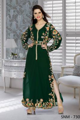Bottle Green Embroidered Faux Georgette Islamic Kaftans 1