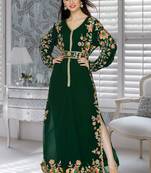 Bottle Green Embroidered Faux Georgette Islamic Kaftans