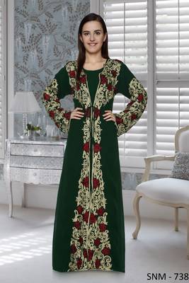 Bottle Green Embroidered Faux Georgette Islamic Kaftans 1