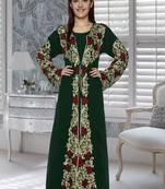 Bottle Green Embroidered Faux Georgette Islamic Kaftans