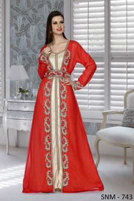 Red And Golden Satin Embroidered Faux Georgette And Satin Islamic Kaftans 1