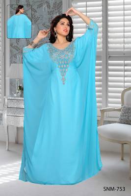 Blue Embroidered Faux Georgette Farasha Kaftan 1