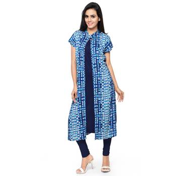 Blue Floral Print Rayon Cotton Stitched Kurti 1