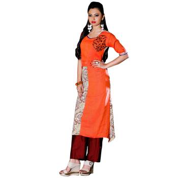 Orange embroidered cotton stitched kurti 1
