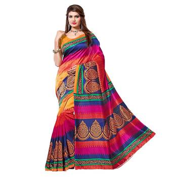 Pink printed bhagalpuri silk saree with blouse 1