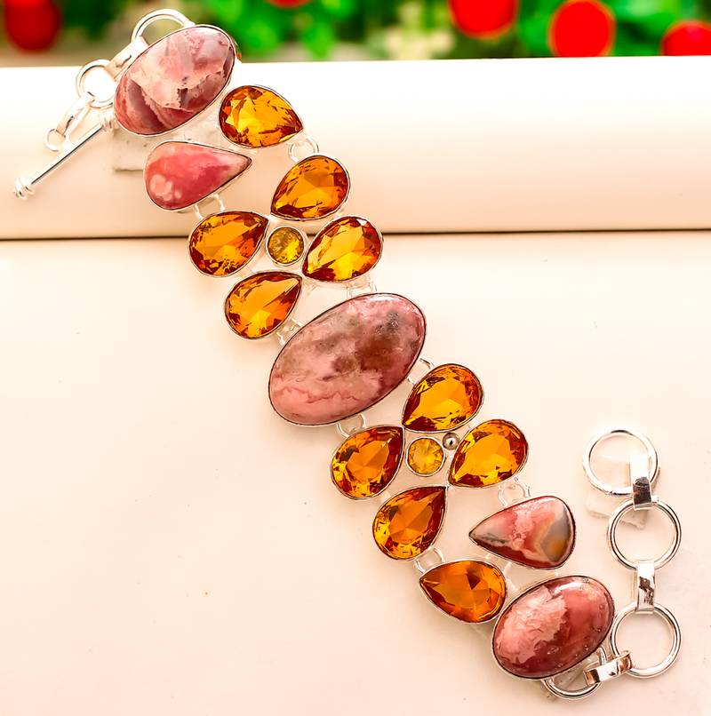 Rhodochrosite gemstone 925 sterling silver jewelry bracelet 7-8