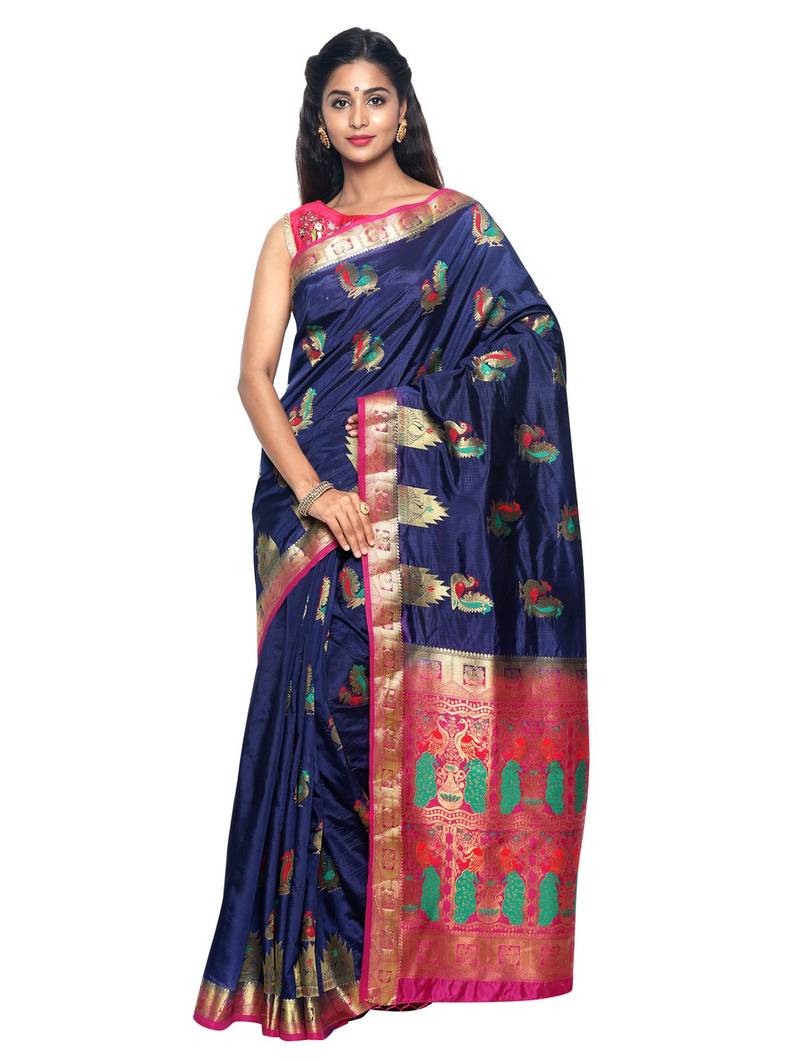 Sudarshan silk Navy blue printed tussar silk saree with blouse