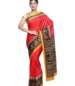 Sudarshan silk Red printed tussar silk saree with blouse