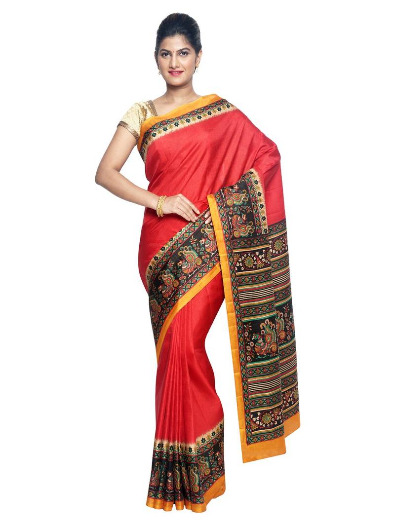 Sudarshan silk Red printed tussar silk saree with blouse