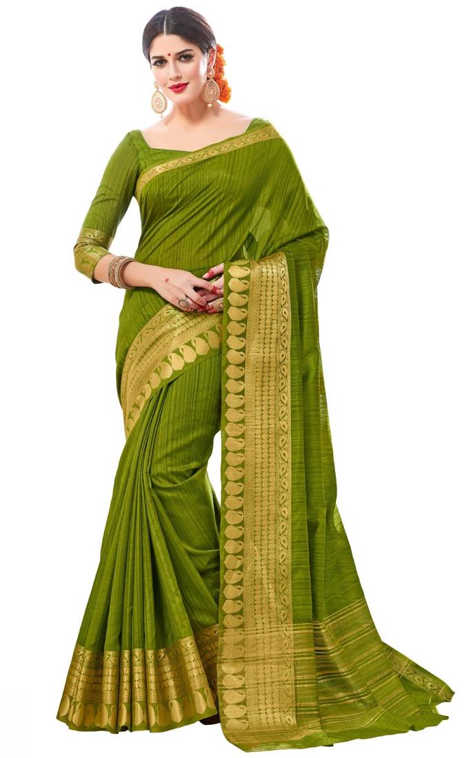 Sudarshan silk Green woven raw silk saree with blouse