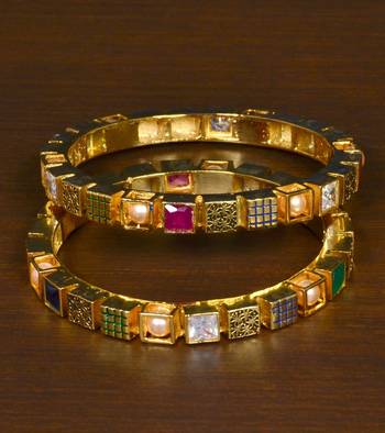 Copper Made Kundan, Pearl and Ruby Panna Stone Embellished High End Bangle Set for Women 1