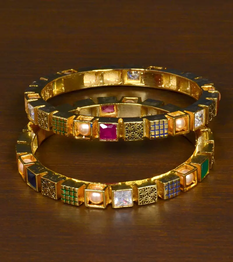 Copper Made Kundan, Pearl and Ruby Panna Stone Embellished High End Bangle Set for Women