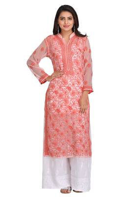 Peach Embroidered Georgette Chikankari Kurti  1