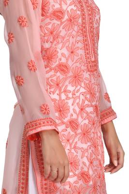 Peach Embroidered Georgette Chikankari Kurti  3