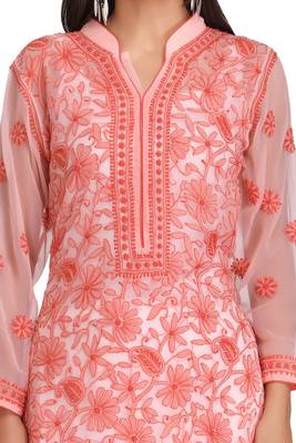 Peach Embroidered Georgette Chikankari Kurti  4