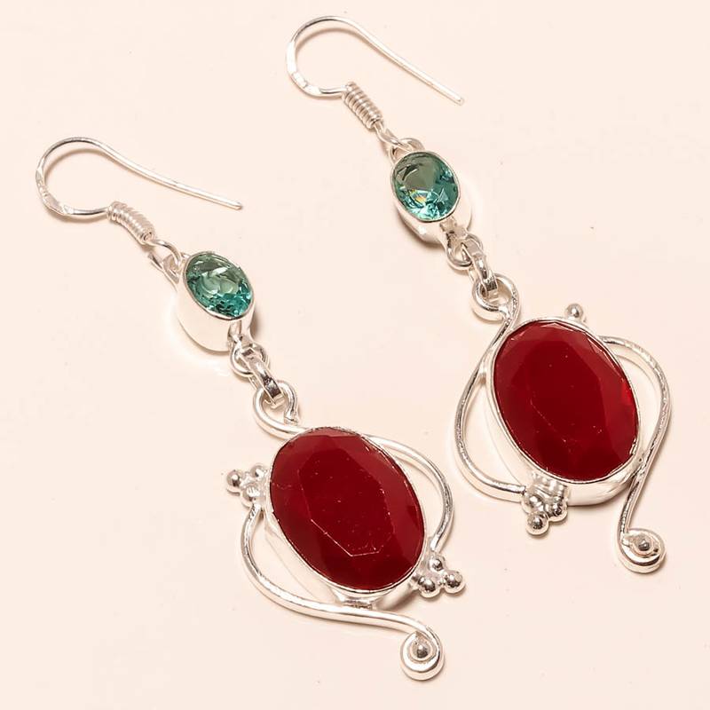 Red ruby,aqua apatite gemstone 925 silver jewelry earring 2.57"