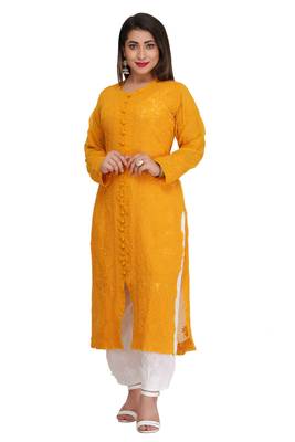 Mustard Embroidered Georgette Chikankari Kurti  2