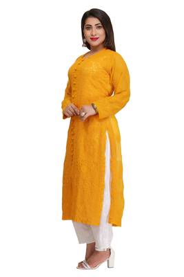 Mustard Embroidered Georgette Chikankari Kurti  4