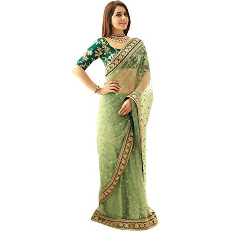 Green embroidered net saree with blouse