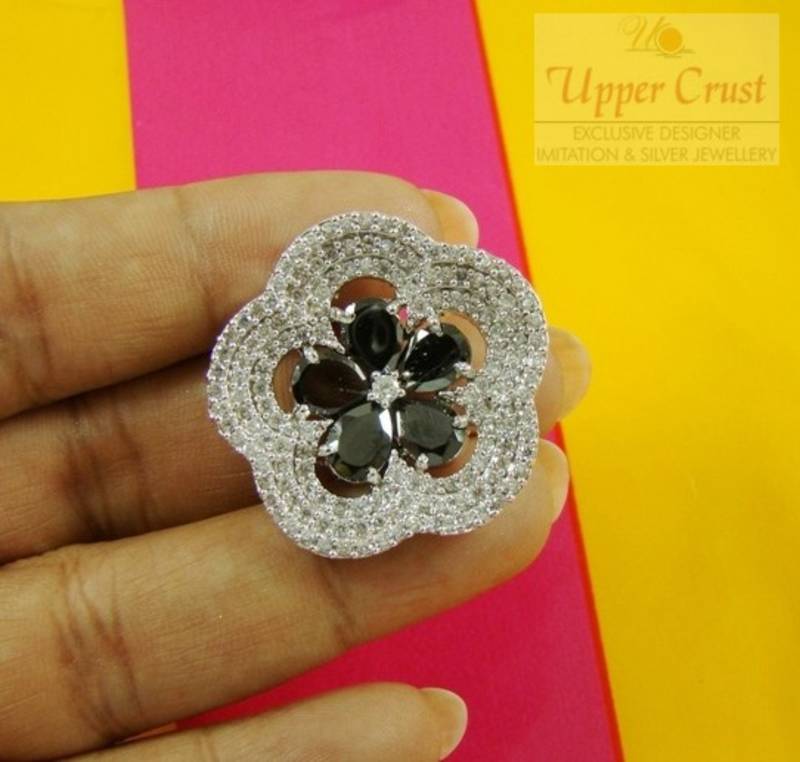 Huge Flower Black Onyx CZ Adjustable Cocktail Ring