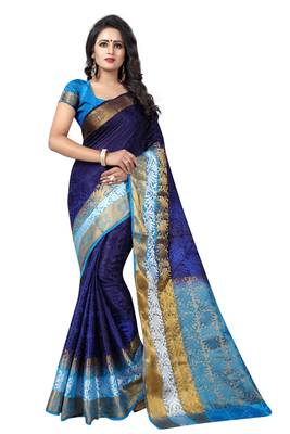 Blue hand woven cotton silk saree with blouse 1