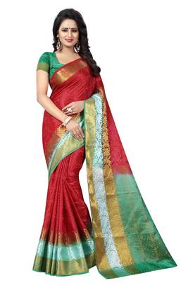 Red hand woven cotton silk saree with blouse 1