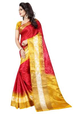 Red woven art silk saree with blouse 2